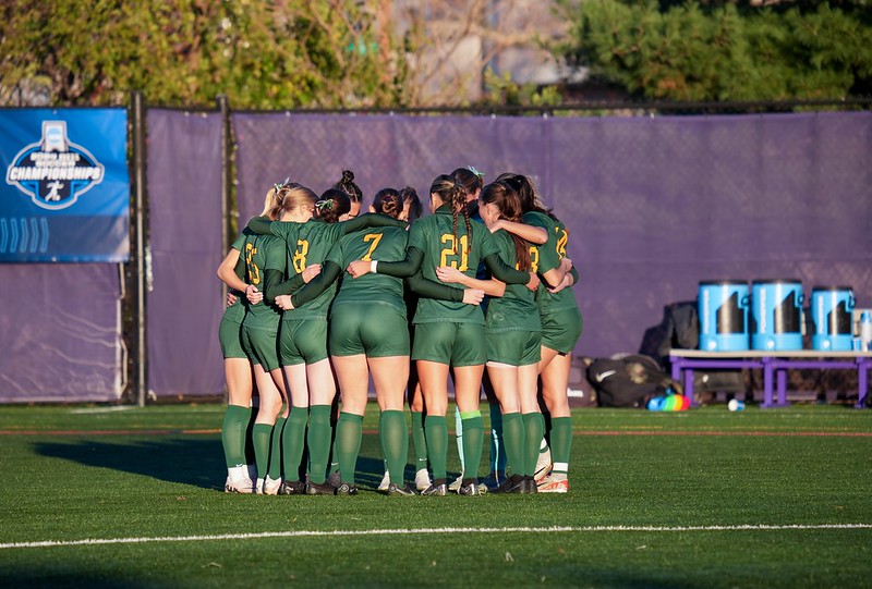 The Brockport women's soccer team in a huddle pregame. Nov. 16, 2024. 