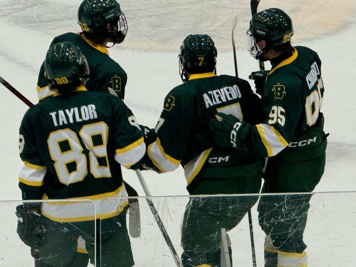 Livio Azevedo celebrates his empty net goal with his teammates on Oct. 26, 2024. Photo Credit: Brayden Peters / Canalside Chronicles