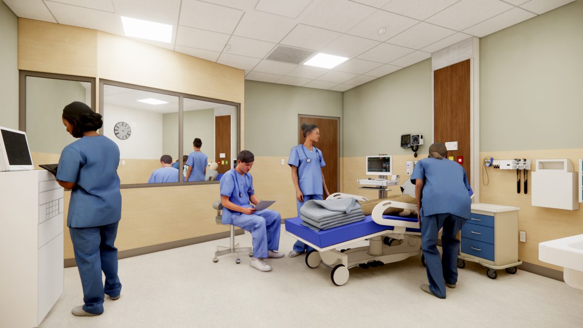 Render of simulation room included in the School of Nursing renovation in Hartwell Hall