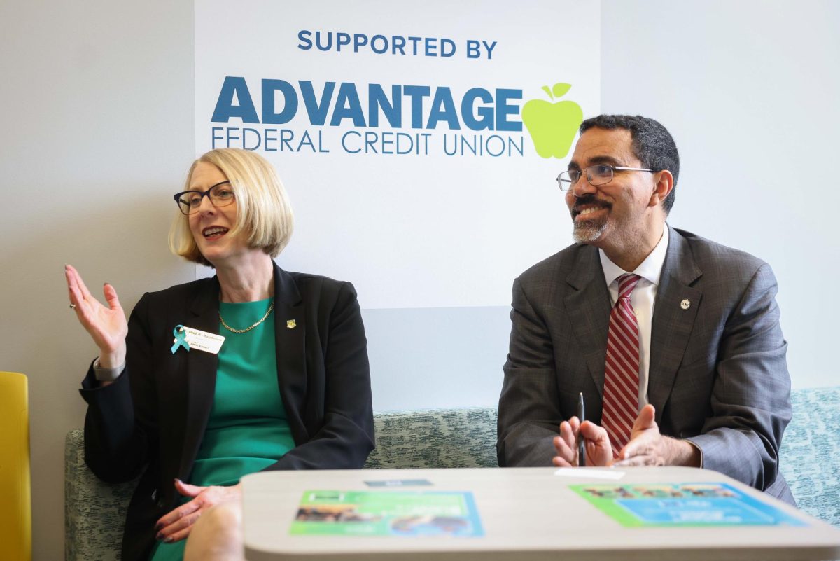President MacPhearson sits with SUNY Chancellor King during his visit to the SUNY Brockport campus (April 23, 2026.)